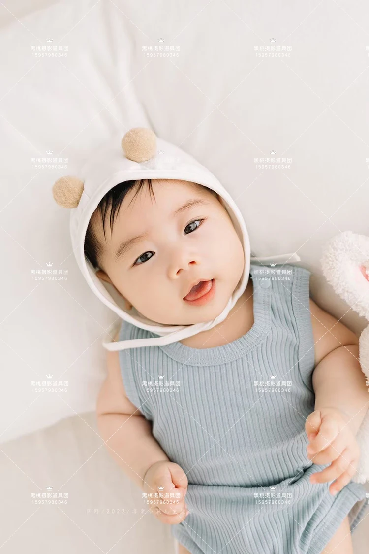 Documentary style blue jumpsuit hat male and female babies 100 days old photography photography clothing props 아기 코스프레