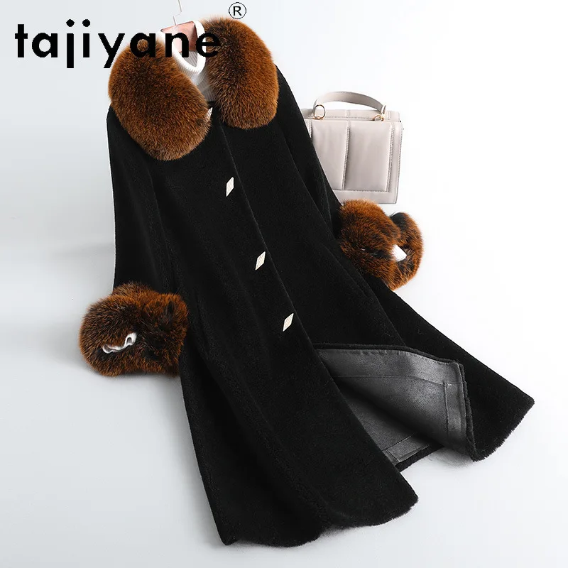 TAJIYANE 100% Wool Real Fur Coat Women Winter Luxury Women Clothing Long Shearling Coat Woman Fox Fur Collar шуба женская 2024