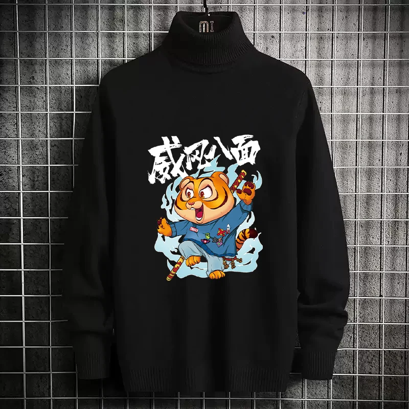 

Модный вязаный свитер с высоким воротником, мужской облегающий свитер 2023 года с принтом животных по китайскому зодиаку, зимняя модная одежда с длинными рукавами