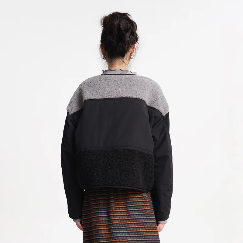 MOVEUP Drop Sleeves Jacket Winter Color Blocking Splicing Plush Pocket Mushroom Button Design Fashion Jacket For Women 3EWD10701