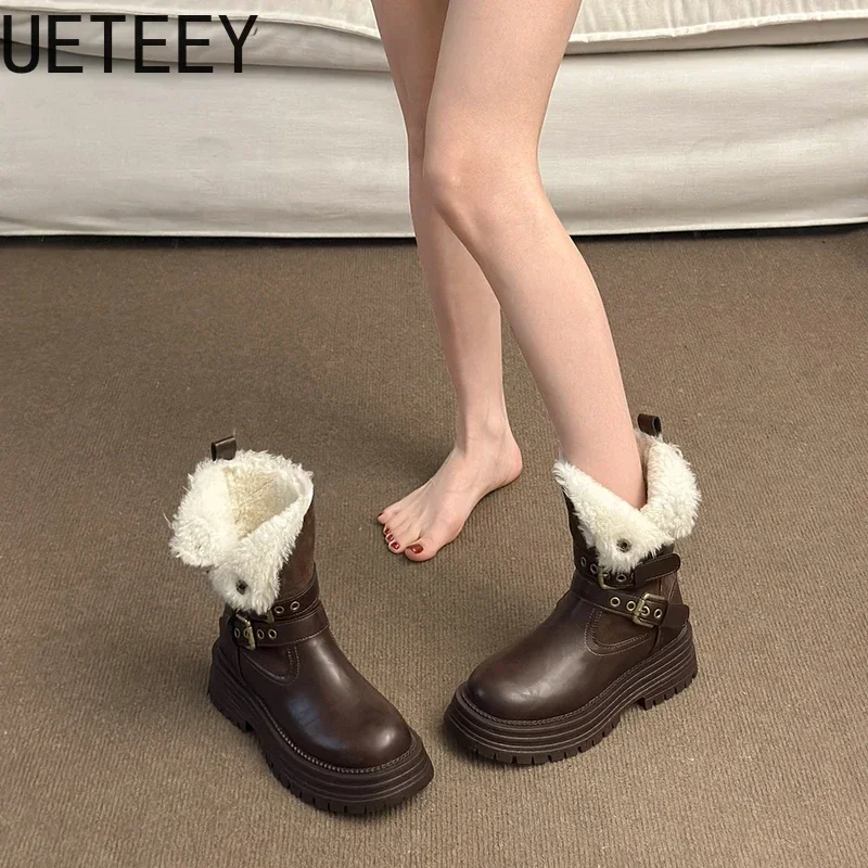 Botines De Mujer De felpa cálidos De invierno, zapatos con hebilla De cinturón y plataforma a la moda, Botas cortas De algodón concisas para Mujer