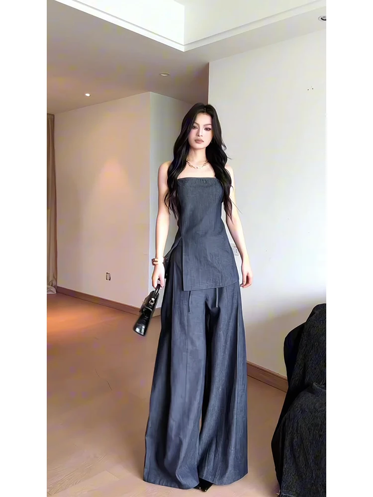 

Korean High-End Denim Set Women's Strapless Split Top Lazy Style Casual Pants Goddess Two-Piece Set Fashionable Summer Outfit