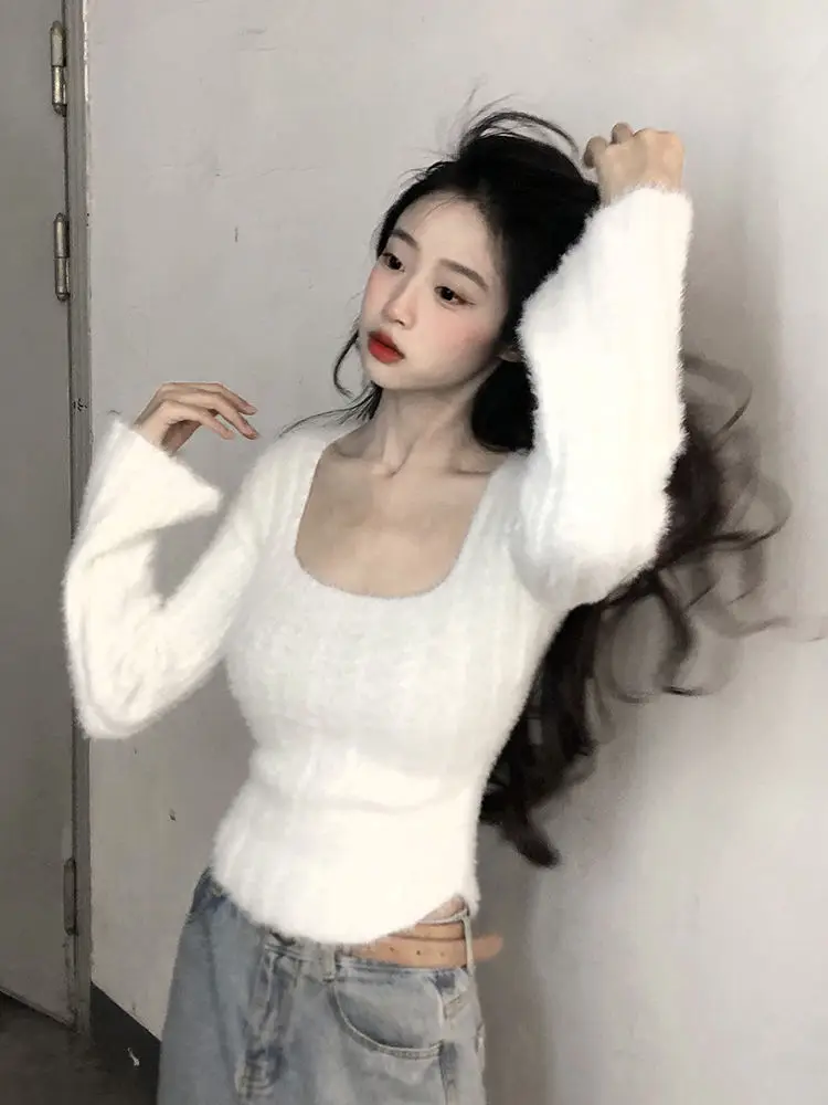 

Пуловеры женские с длинным рукавом в милом стиле, мягкий корейский женский укороченный свитер, шикарный простой однотонный уютный модный осенне-зимний повседневный свитер