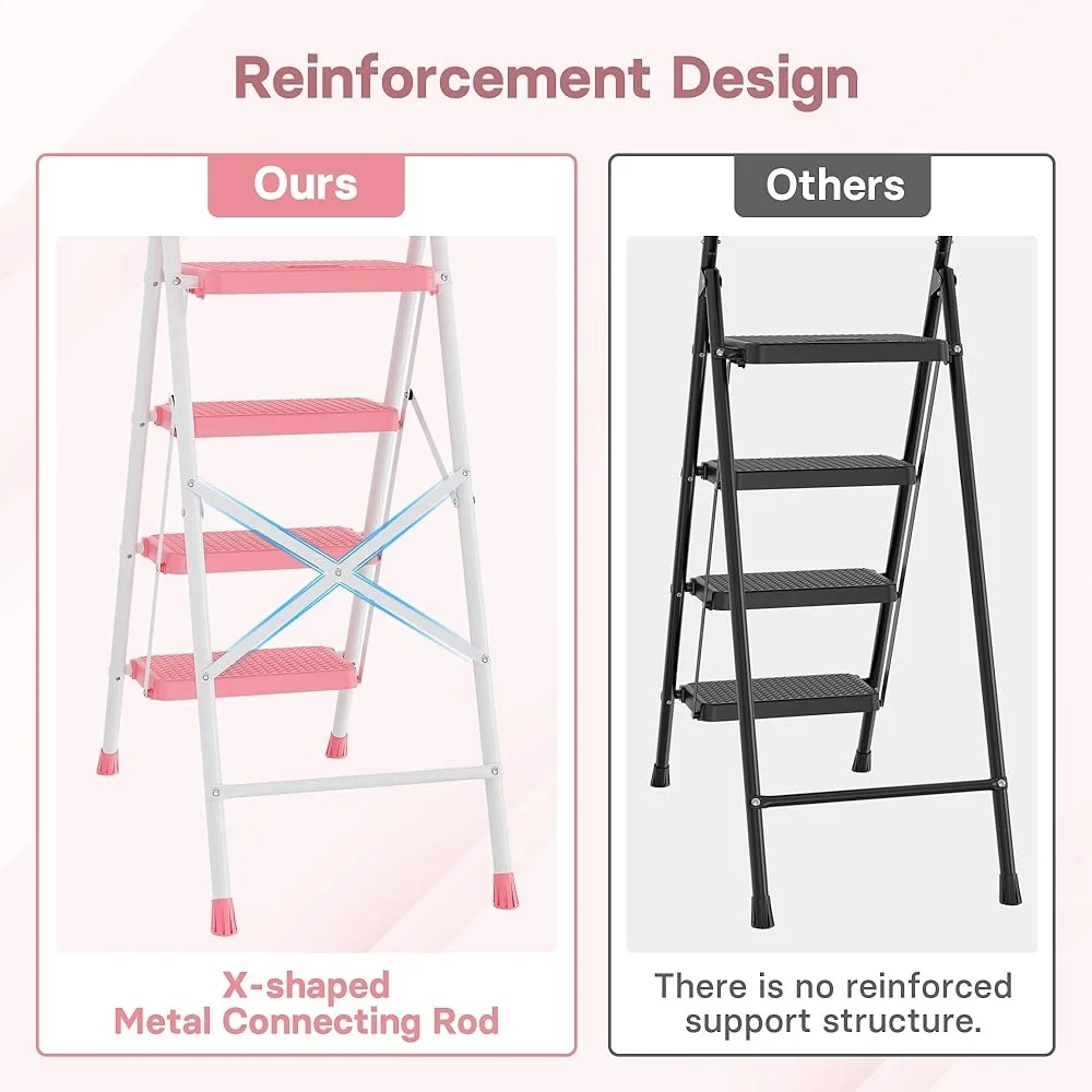400lbs Max Load 4-Step Folding Ladder Tool Tray Anti-Slip Pedals Portable Lightweight Steel Step Stool Compact Design