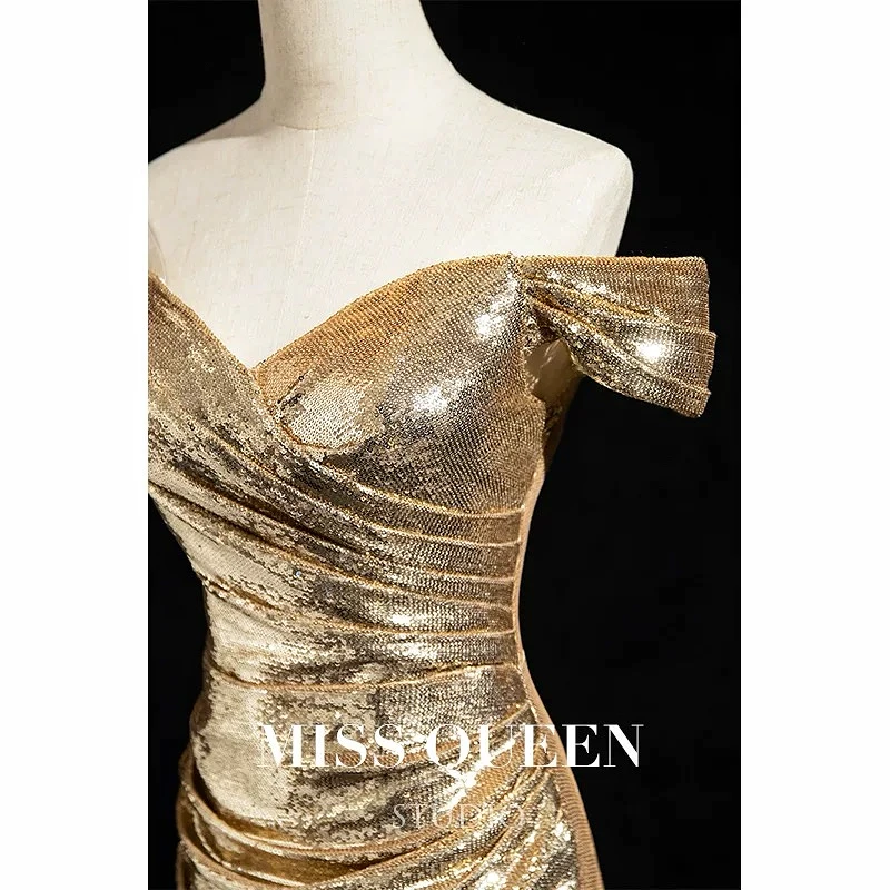 Sexy Golden Sequin Celebrity Dresses Sleeveless Beading Side Slit Banquet Host French Ruched Evening Cocktail Party Gowns