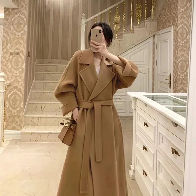 

Double-Faced Wool Windbreaker Jackets Women's Overcoat Fashion Loose Belt Long Coat 2023 Autumn Winter New Woolen Jacket Outwear