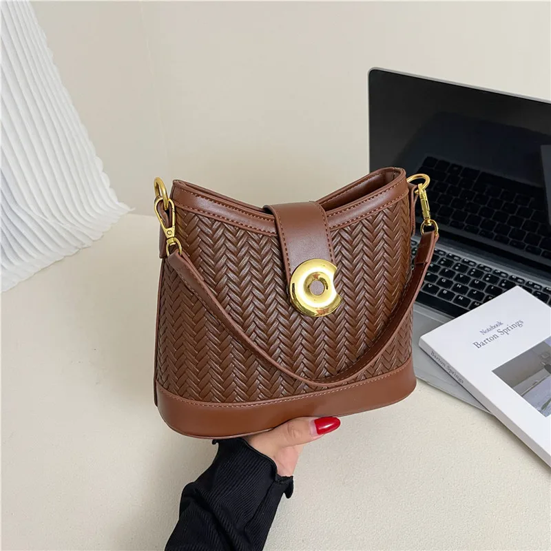 

Korean Style Small Bucket Bag for Women 2025 Fall New, Woven Pattern Crossbody Bag & Top Handle Shoulder Purse, Niche Design