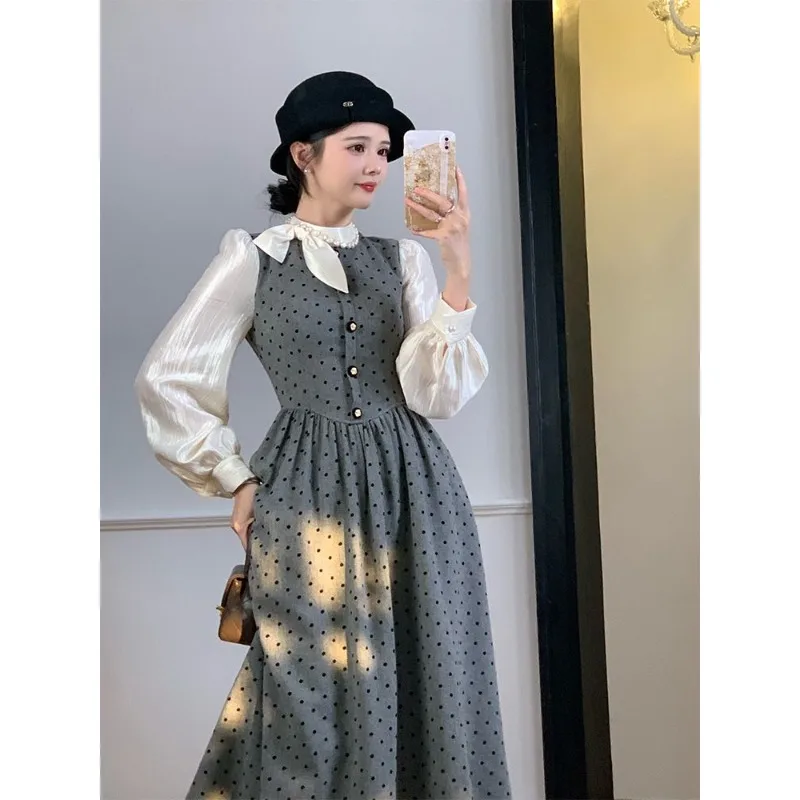 

Lady Elegant Polka Dot Patchwork Tight Waisted Mid Dress for Women Puff Sleeve O-neck A-line Autumn Chic Premium Slim Cloth
