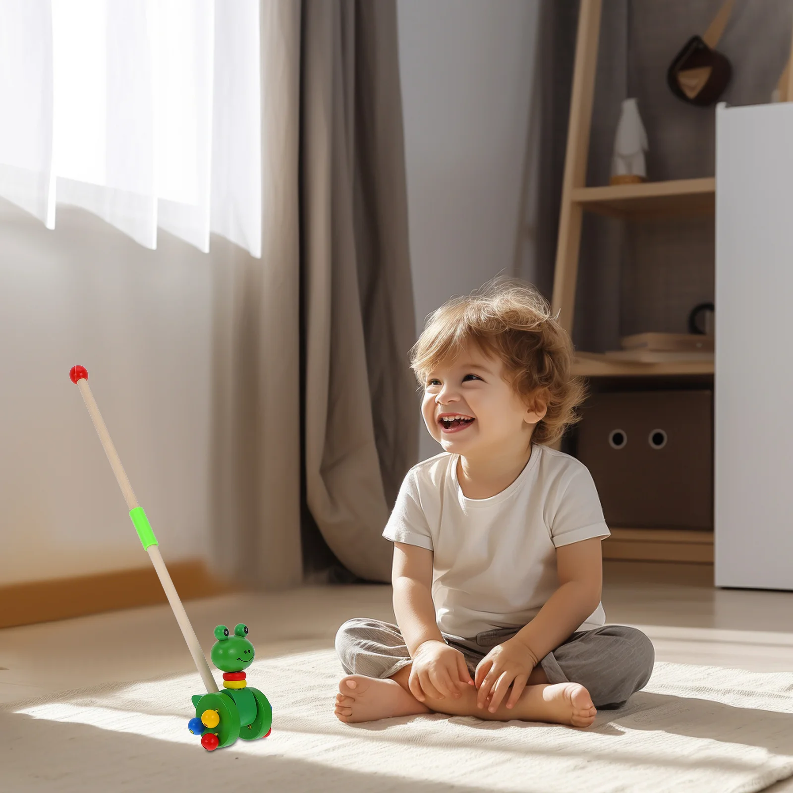 مشاية أطفال خشبية في مرحلة الطفولة المبكرة الكرتون الضفدع دفع عربة تعليمية اللون التعلم دفع قضيب عربة مشاية أطفال خشبية