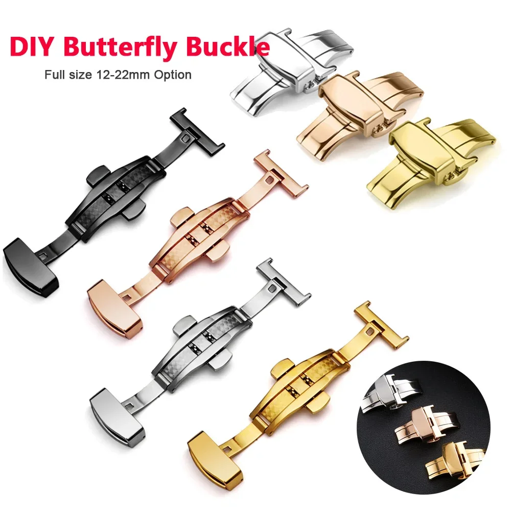 Universal 14mm 16mm 18 20mm 22mm Butterfly Buckle Accessories Stainless Steel Double Push Button Fold Watchband Replacement Belt