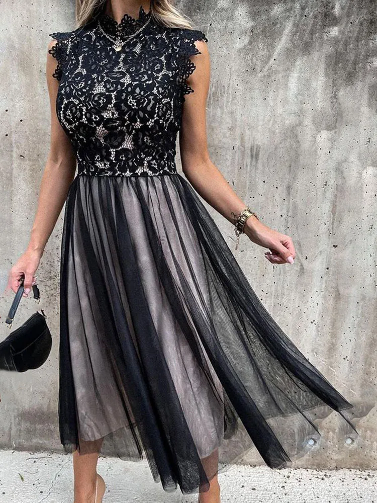 Summer Elegant White Women Dress Fashion Hook Flower Hollow Lace Mesh senza maniche Boho Midi Dresses for Women Streetwear Robe