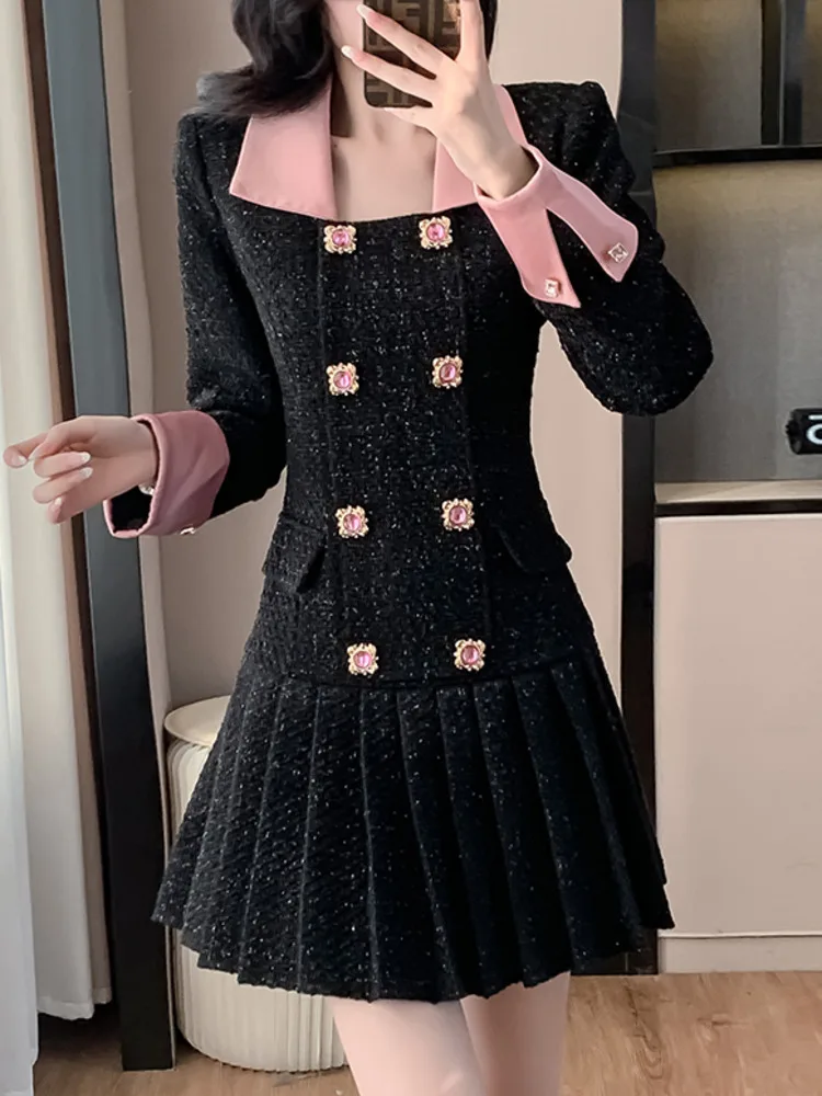 High Quality French Vintage Small Fragrant Tweed Dress For Women Autumn Winter High Waist Slim Pleated Short Dresses Vestidos