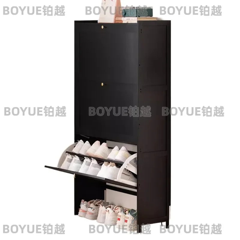 Ultra Thin Bamboo Wood Shoe Cabinet Multi Layer Dustproof Narrow Wall Mounted Flip Storage Rack for Entryway Home