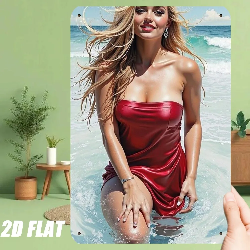 Letrero Metálico Vintage de 8x12 Pulgadas, Diseño de Vestido Rojo de Playa, para Decoración de Garaje, Estudio o Sótano