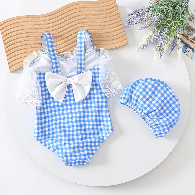 Korean Style Children One-piece Blue Plaid Lace Swimsuit for Girls Backless Sling Swimwear Bath Suit Girls Quick Drying With Cap