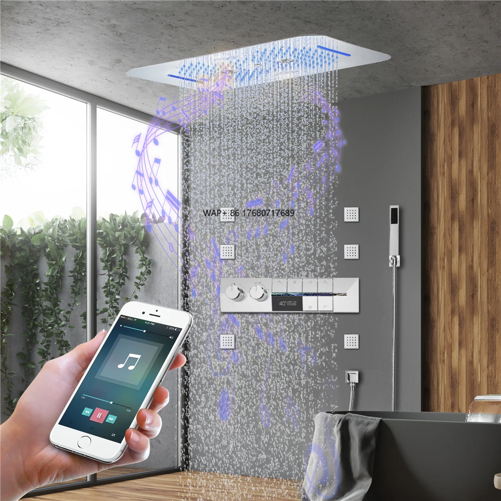 

Modern Polished Brass Thermostatic Faucet with 23x15 Inch Music LED Rain Waterfall Rectangle Shower Head