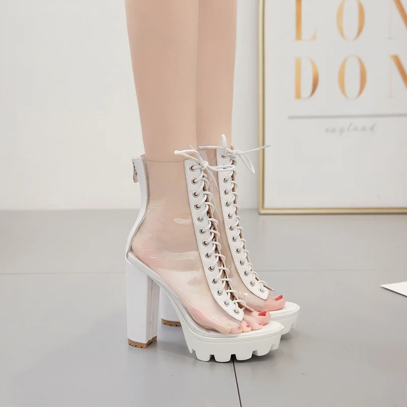 Multicolored Sandals Cross Strappy Heels Large Size Cross-Shoes Candy Colors Open Toe Lace Up Big Peep Block Boot Plastic Fashio