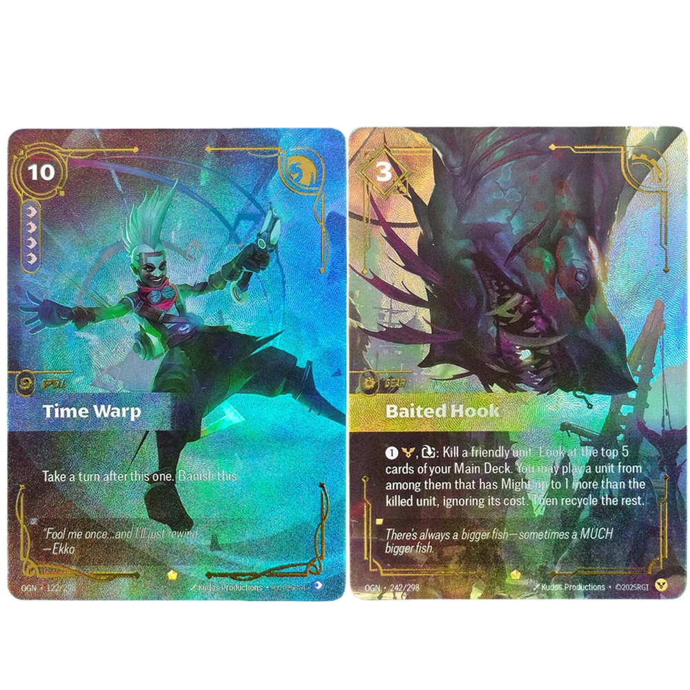 DIY Riftbound League of Legends Trading Card Game Origins OGN Time Warp Dazzling Aurora Baited Hook Spell Gear Card