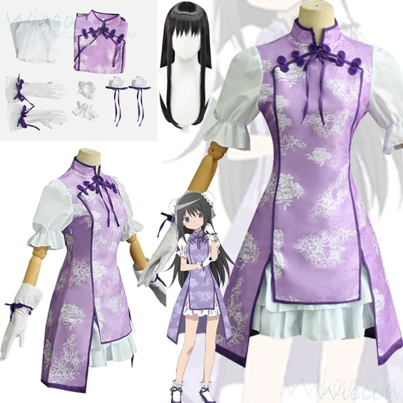 Anime Akemi Homura Chinese-style cheongsam Cos Puella Magi Madoka Magica Cosplay Consume Uniform Prop Halloween Party For Women