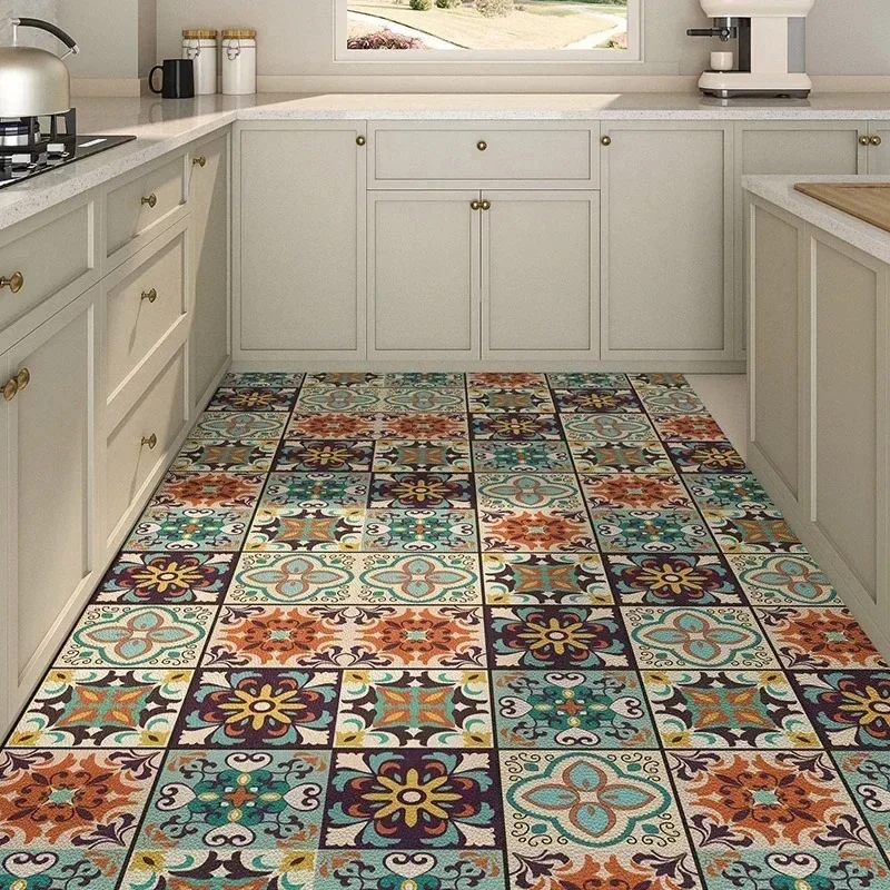 

Kitchen Carpet Large PVC Waterproof Rug Non-slip Floor Mat Leather Oil-proof Foot Mats American Retro Style Home Decoration Rugs