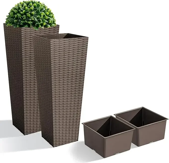 

Flower Pots for Garden，Set of 2 Resin Rattan Tall Planters Outdoor, Large Tapered Planters with Drainage Holes&Inner Trays