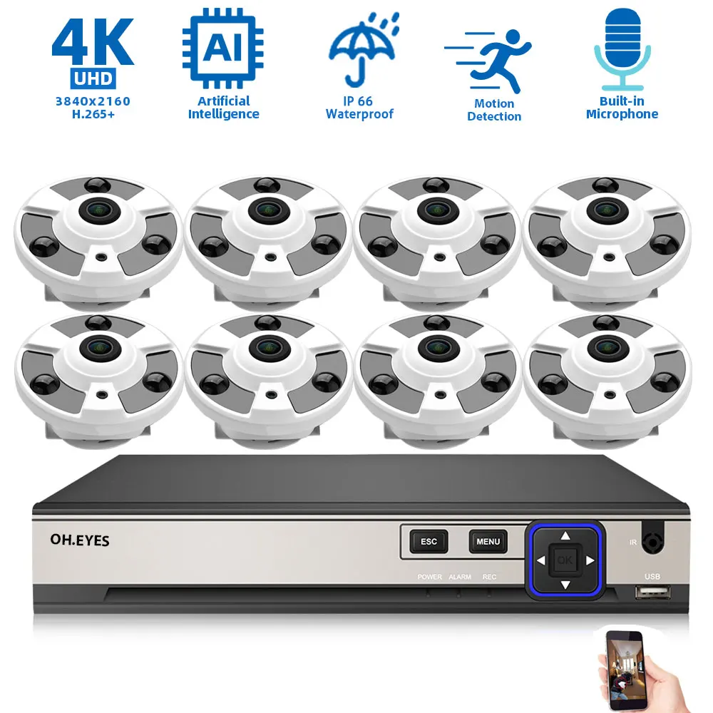 

POE Fisheye Camera CCTV Kit 4K 8CH NVR Security System Home 360 Panoramic Monitoring Camera System 8MP Video Surveillance Set