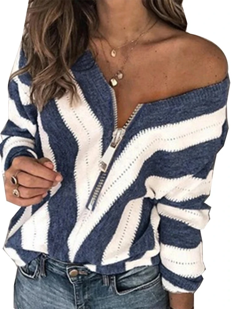 Autumn and Winter New Zipper V-neck Sweater Women\'s Loose Casual Striped Pullover Sweater Acrylic