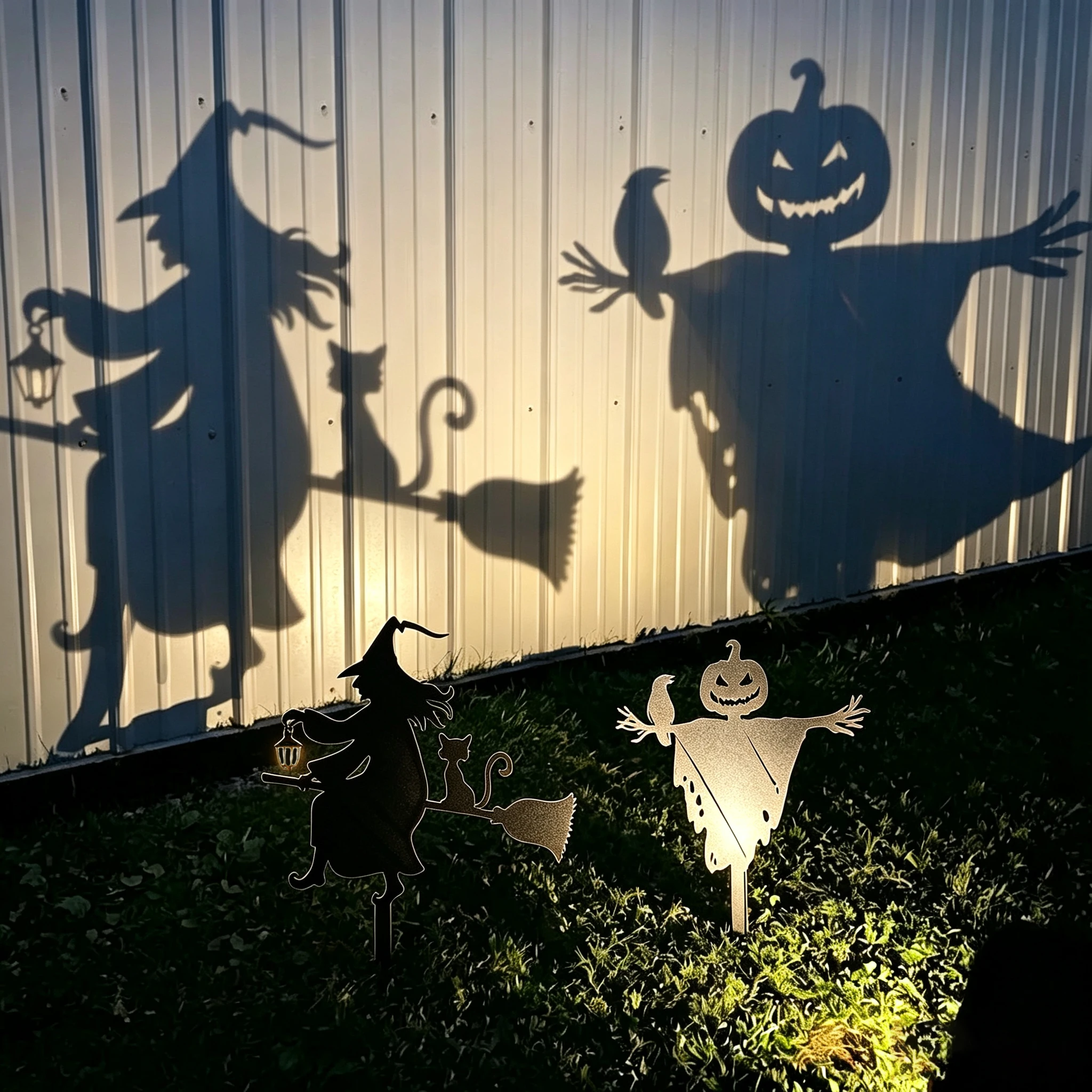Halloween Shadow Casters Yard Stakes - Witch Broom / Scarecrow Silhouette, Plastic Lawn Signs for Outdoor Wall Decor