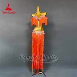 Women Belly Dance Competition Outfits Customized Tassel Bra Sexy Split Long Skirt Oriental Indian Drum Dancing Performance Suit