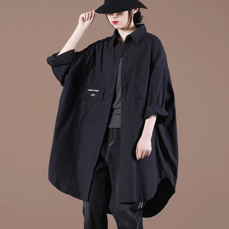

Loose Women's Shirt Double Pocket Artistic Letter Label Mid-Length Spring Fashion 2026 New Korean Style Cotton Long Sleeve