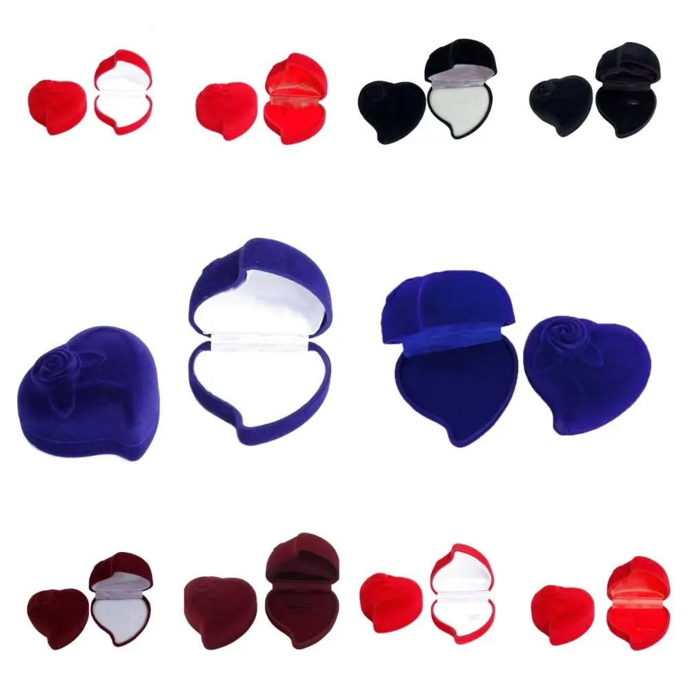 Ring Holder Velvet Heart Ring Box Earring Storage Rose Flower Jewelry Box Solid Color Three-dimensional Ring Display Case Spouse