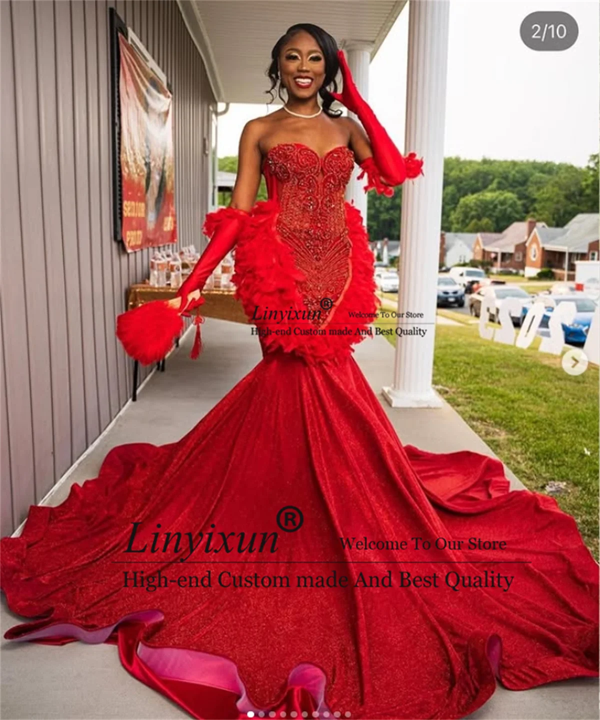 Sparkly Red Diamonds Mermaid Prom Dress Black Girl Rhinestones Feathers Birthday Evening Party Gowns Customized robes de soirée