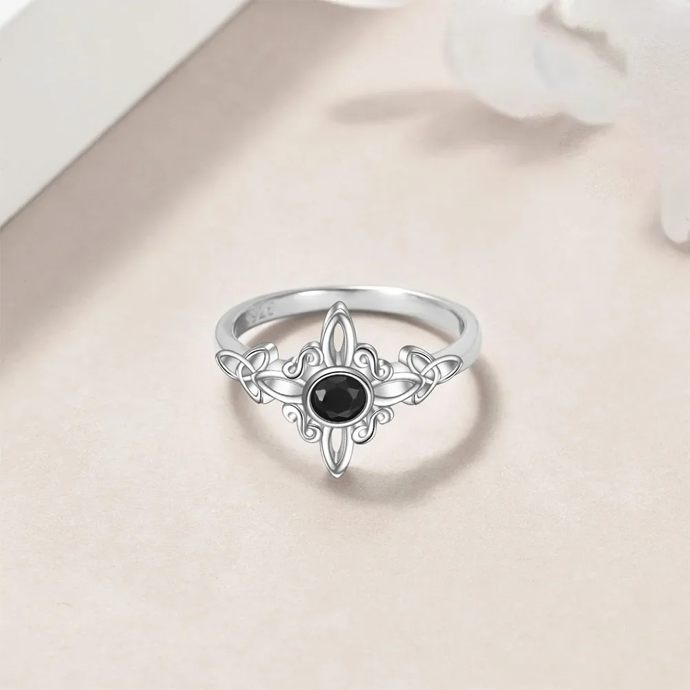 Women's 925 Silver Plated Witches Knot Obsidian Ring