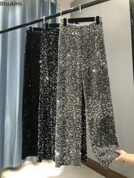 2026 Women's Thickening Warm Silver Black Sequin Pants Autumn Winter Glitter Pants Sparkly Trousers Party Clubwear Pants Female