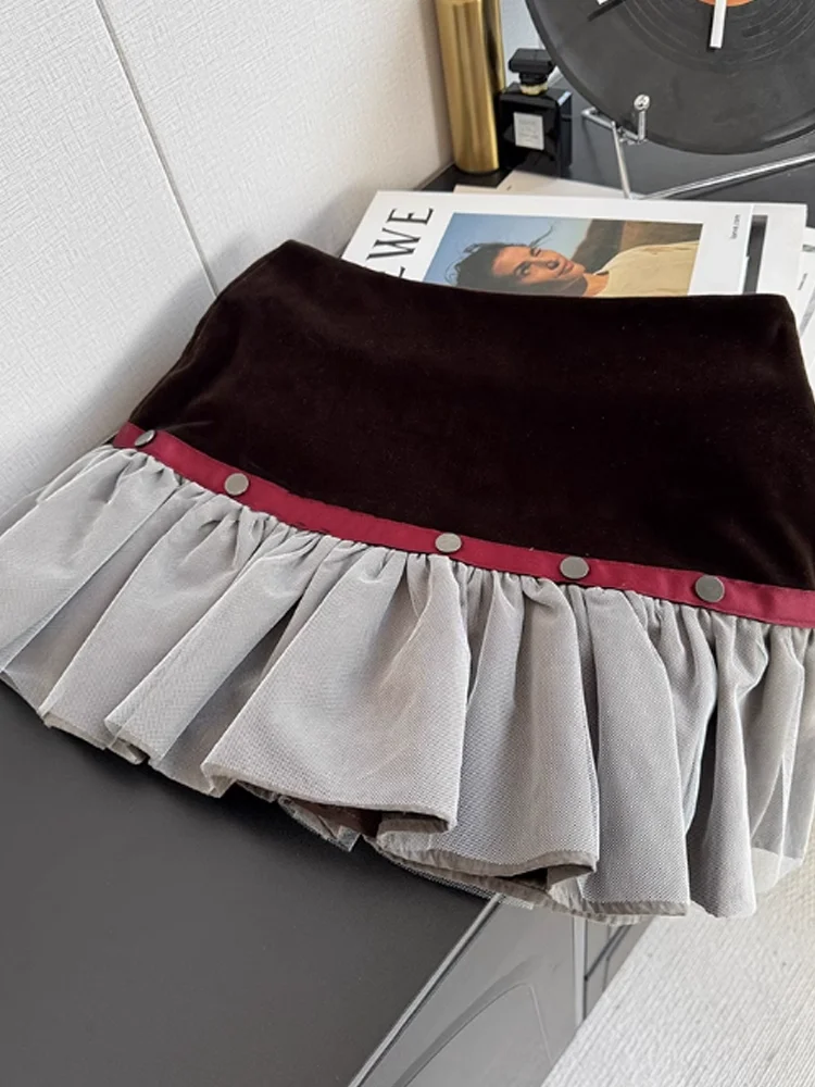 SALIENCY velours Patchwork Floral plissé Mini jupe femmes automne hiver