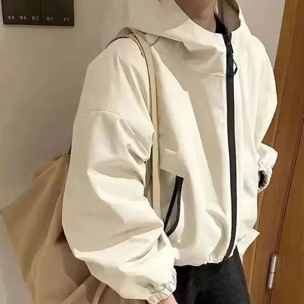 

Korean Style Solid Color Hooded Jacket Lightweight Windproof Zip-Up Coat Minimalist Casual Wear Woman Clothing