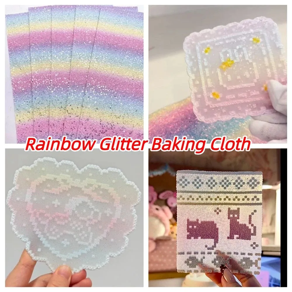 5Pcs Fuse Beans Rainbow Glitter Baking Cloth Shining Gradient Heat Resistant Ironing Sheets Non Stick DIY