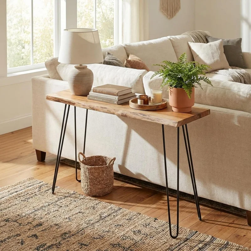 

48 Live Wood Console Table – Rustic Solid Sofa Table with Hairpin Metal, Narrow Entryway Hallway, Industrial Farmhous
