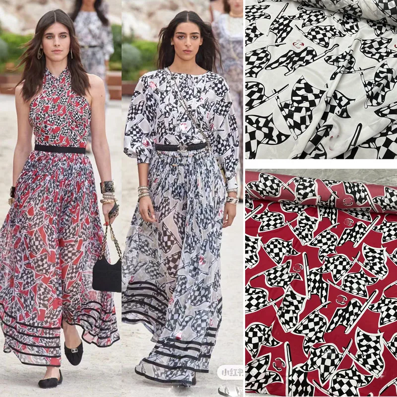 Black White Red Flag Pattern Fabric High Quality Mulberry Silk Clothing Designer Fabric for Dress Per Meter Alibaba Express