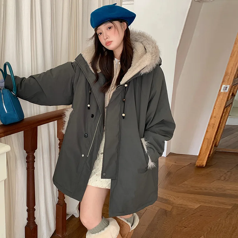 PinkyIsBlack Mid-length Cotton Padded Jacket Women 2025 Winter New Korean Style Loose Big Fur Collar Puffer Jacket Coat Outwear