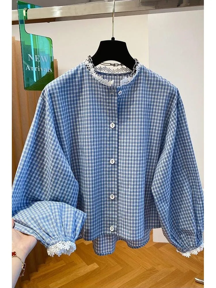 New Round Neck Plaid Shirt Long Sleeve Charming Women Shirts Gentle Versatile Women Blouse