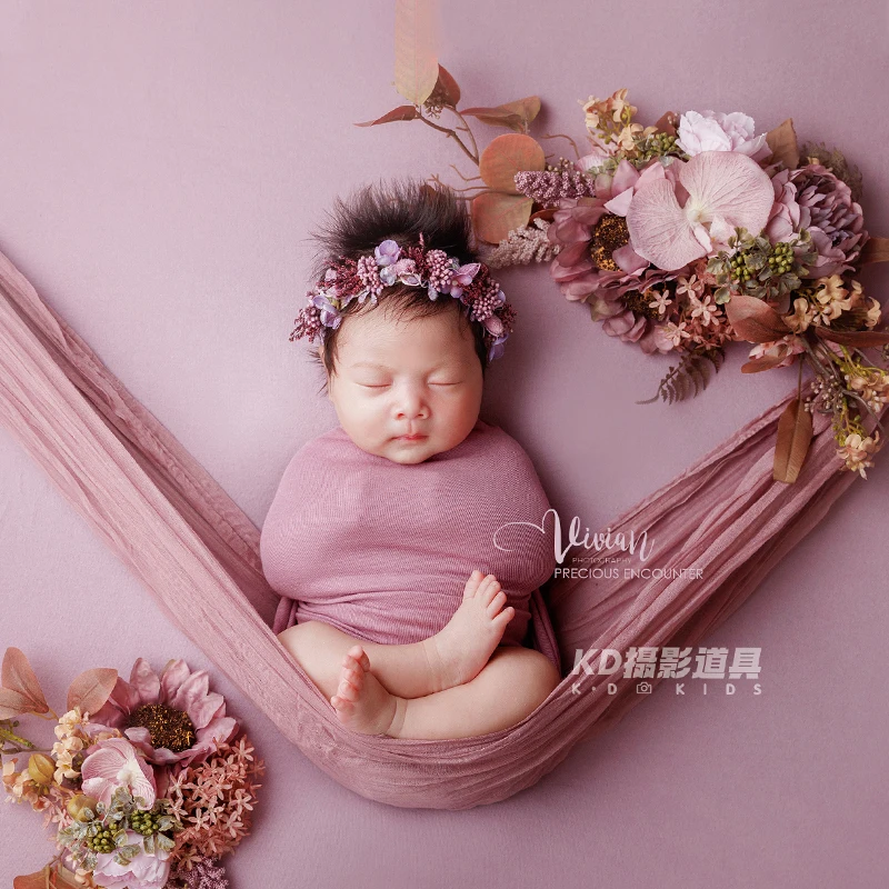 0-2M Newborn Photography Props Baby Girls Ultra-Soft Stretch Swaddle Wrap with Floral Headband Studio Photoshoot Accessories