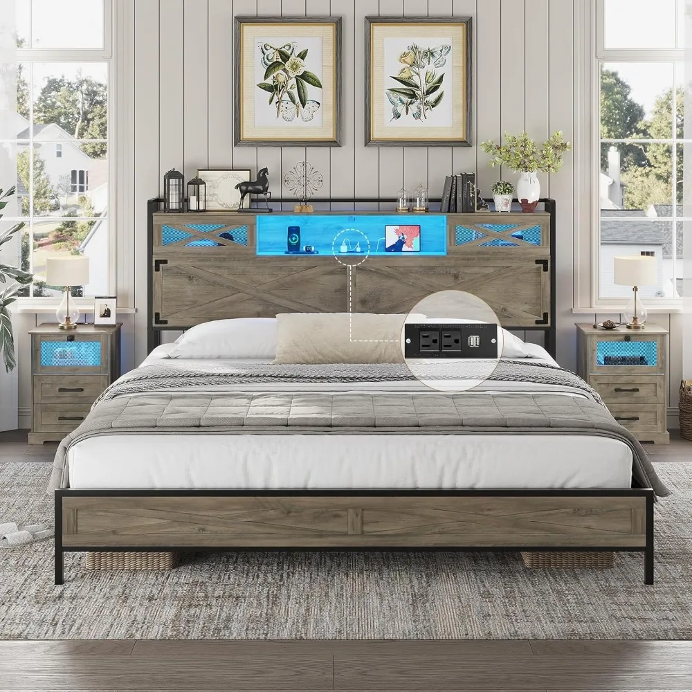 

Bed Frame with Storage Headboard, Platform Bed King Size with Charging Station and LED Lights, Farmhouse Rustic Bed