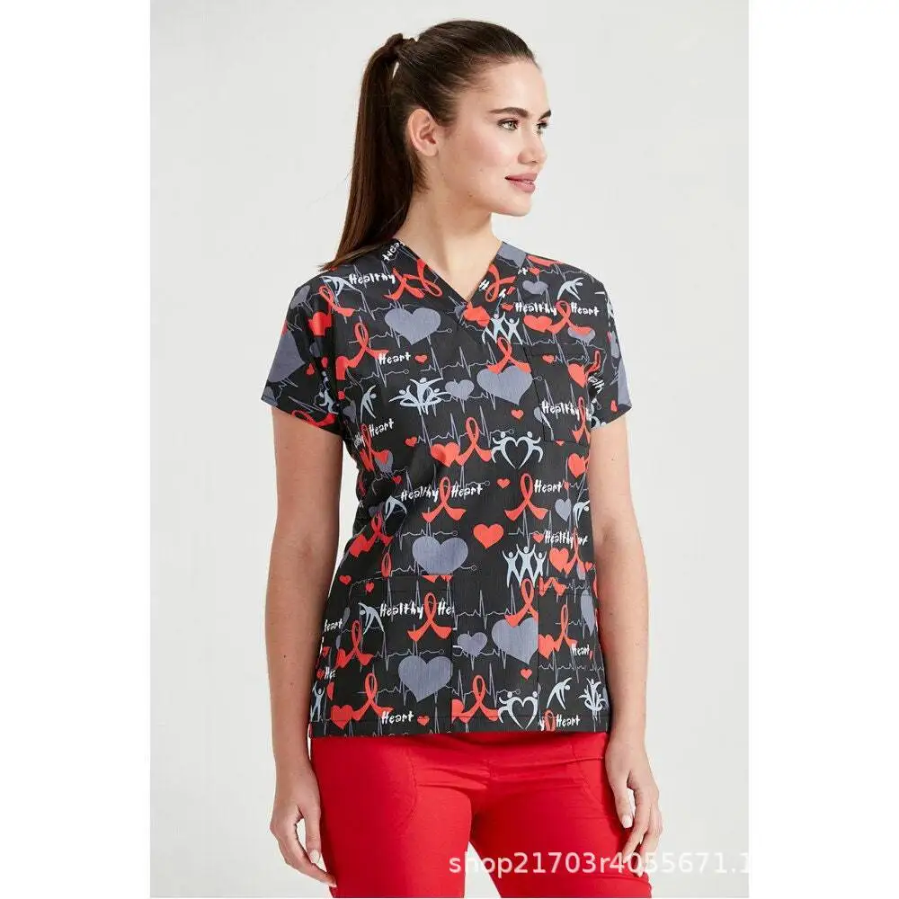 2025 новая европейская и американская женская защитная рабочая одежда с v-образным вырезом и короткими рукавами, рабочая одежда для медсестры с 3D принтом мультфильмов и цветочным принтом