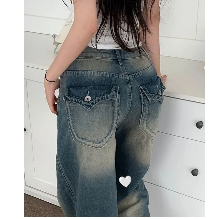 

Джинсы из денима в стиле ретро, свободные широкие брюки с карманами, универсальные длинные брюки с высокой талией для женщин 18-24 лет