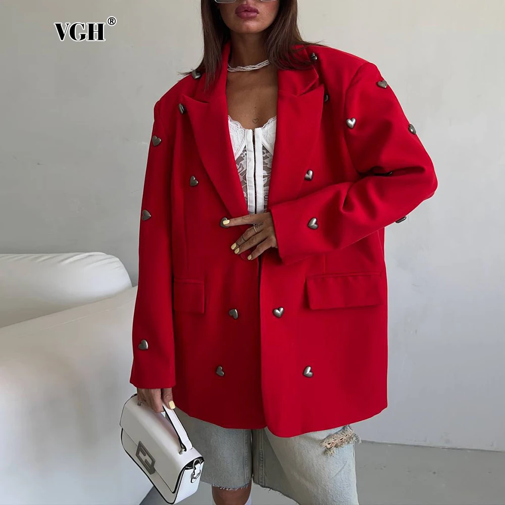 VGH Spliced Heart Decoration Loose Blazers For Women Notched Collar Long Sleeve Design Sense Patchwork Pocket Blazer Female New