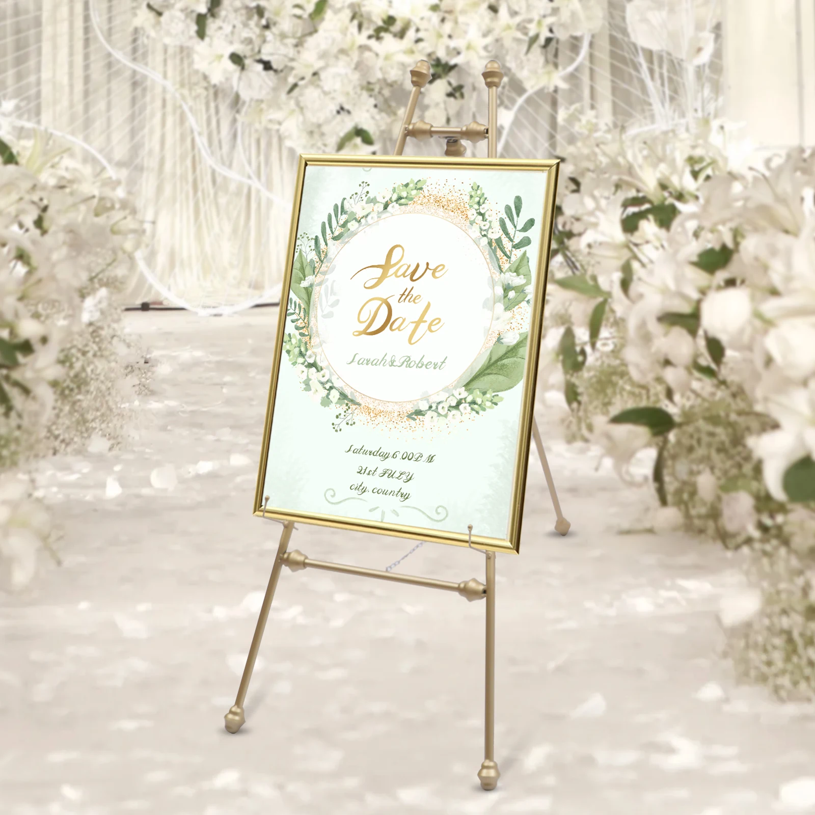 Gouden fotolijst displaystandaard voor bruiloftsfoto's, jubilea en evenementen |   Set van 2 Achtergrond-ezels 50x118cm, ijzeren decor