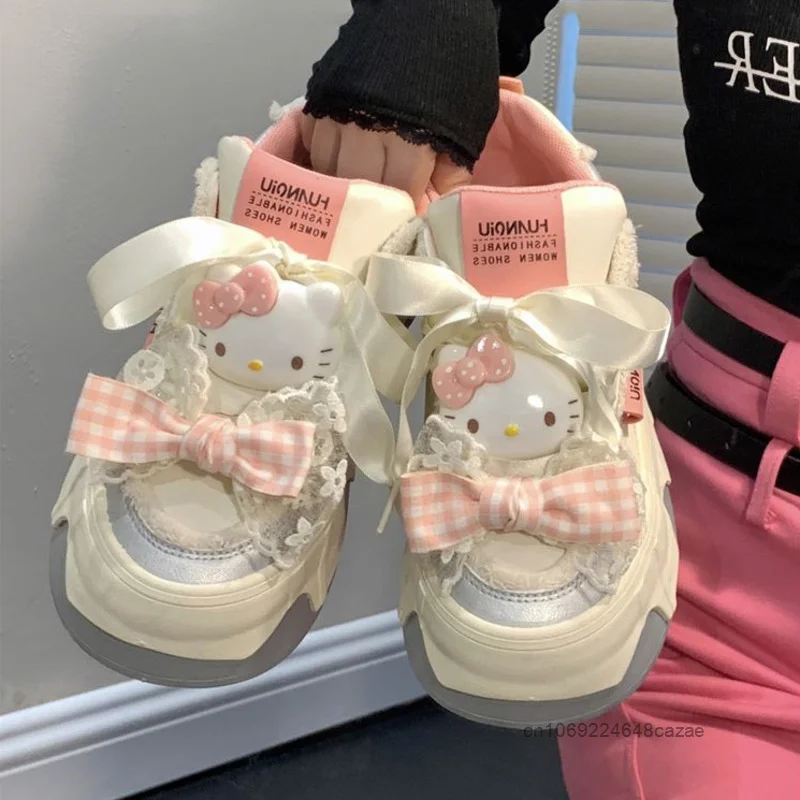 Sanrio Hello Kitty Cute Design New Bread Shoes Sweet Soft Y2k Girl Student Thick Bottom Shoes Trend Versatile Sports Board Shoes