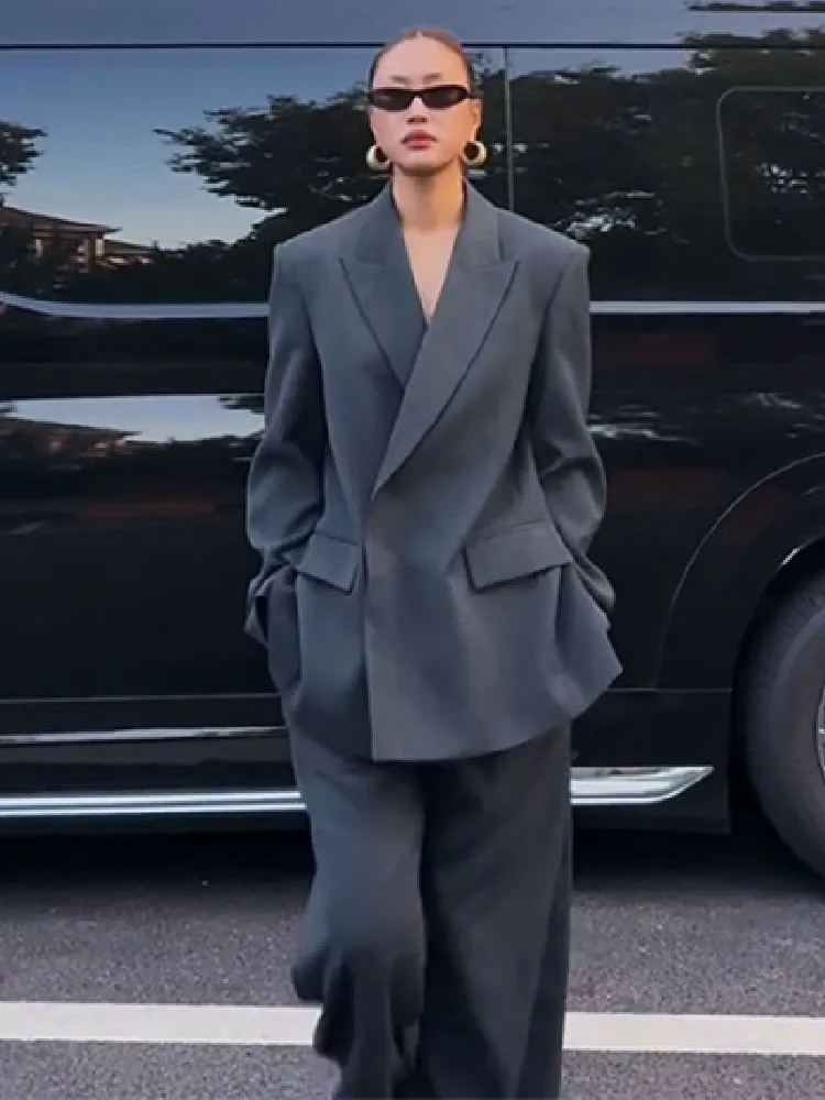 Casual Women Office Work Gray Suits Sets Designer Harajuku Loose Fit Medium Length Blazers Wide Leg Pants Fashion Two Piece Set
