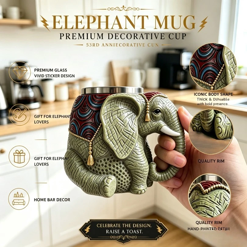 3D Elephant Shape Mug Stainless Steel Inner Liner Resin Coffee Cup Vintage Decorative DrinkwareKitchen Home Desktop Housewarming